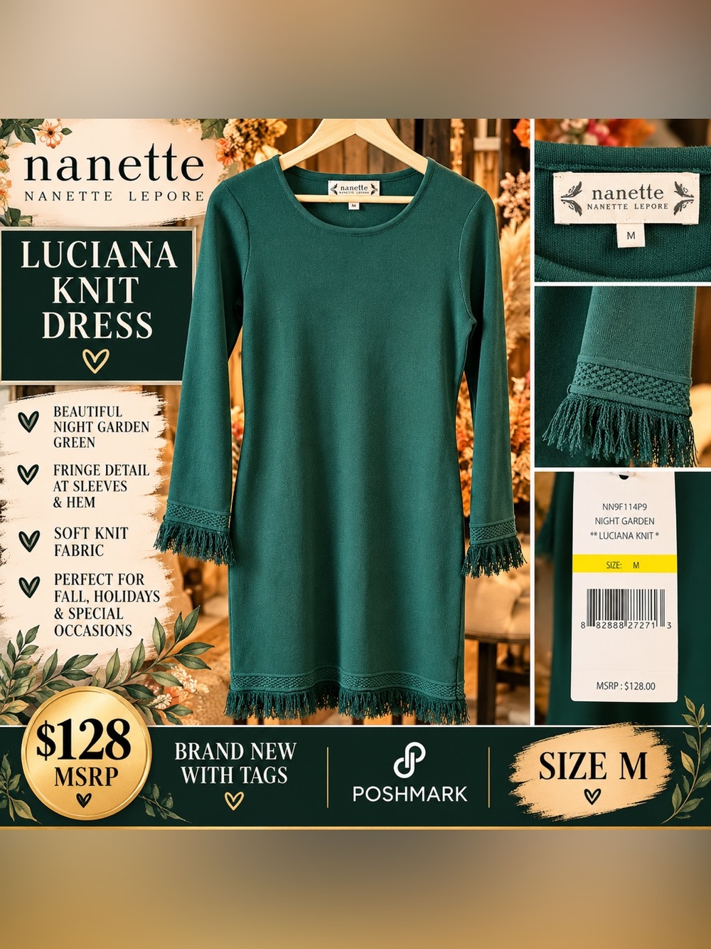 Nanette Lepore Night Garden Green Long Sleeve Fringe Knit Dress